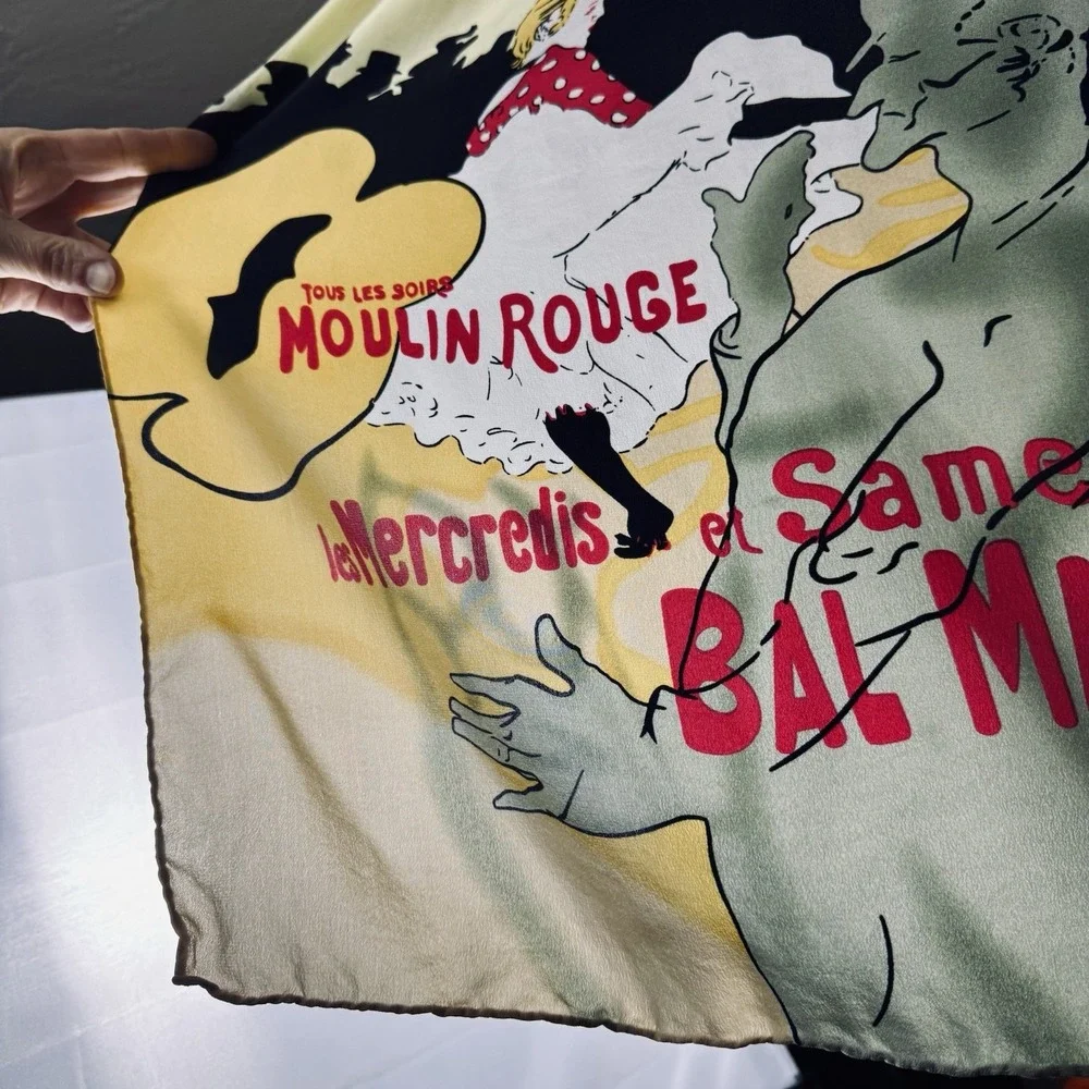 VTG Moulin Rouge Toulouse-Lautrec Double Print Silk Scarf Long Rectangle 18.5x64